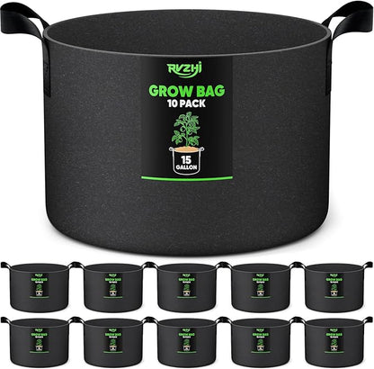 15 Gallon 10-Pack Plant Grow Bags: 350G Thickened Nonwoven Potato Grow Bags with Handles, Black Fabric Flowers Pots Felt Garden Bags, Gardening Supplies for Growing Vegetable Fruit Tomato Herbs
