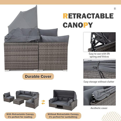 HOMREST 6 Pieces Patio Furniture Sets, Outdoor Daybed with Canopy, Rattan Outdoor Sectional Sofa Set with Adjustable Backrest, Chaise Chair Sunbed for Garden Poolside Backyard（Gray）