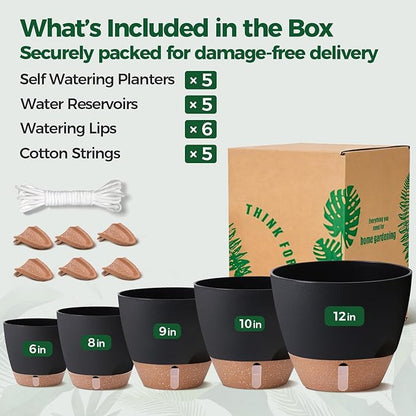 T4U 5 Pack Self Watering Pots (6"+8"+9"+10"+12") - Water Level Indicator & Deep Reservoir, Mess-Free Planters for Busy People, Beginners & Gardeners, Fit Most Plants, Indoor Outdoor Use (Black)