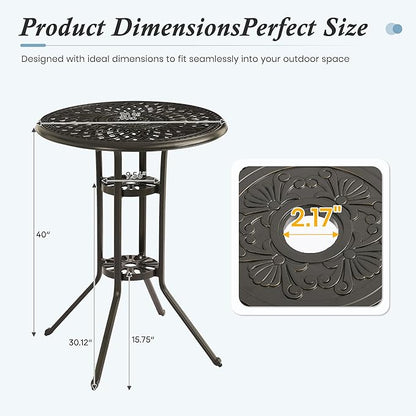 Patio Dining Table,Cast Aluminum Patio Tables with Umbrella Hole, Outdoor Bistro Table for Backyard, Garden, Patio (30" Round Table)