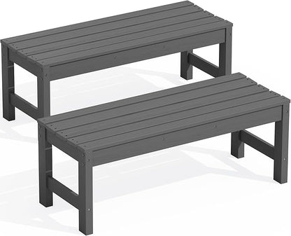 SERWALL 47 Inches Outdoor Bench Set of 2, All Weather HDPE Backless Bench with Wood Grain Texture for Garden Porch and Park, Curved Bench Seat for Comfort, Grey