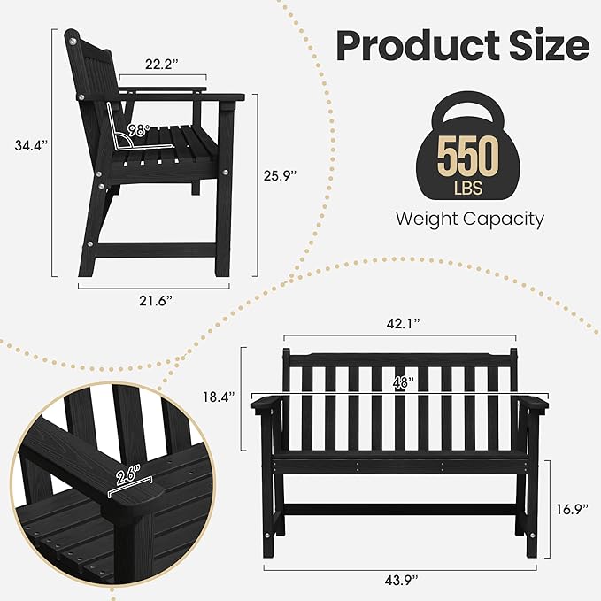 Ciokea 48" Outdoor Bench, HDPE Weatherproof Porch Bench, 2-Person Garden Benches with 550 Lbs, Waterproof Patio Benches for Outside Balcony Deck Backyard, Black