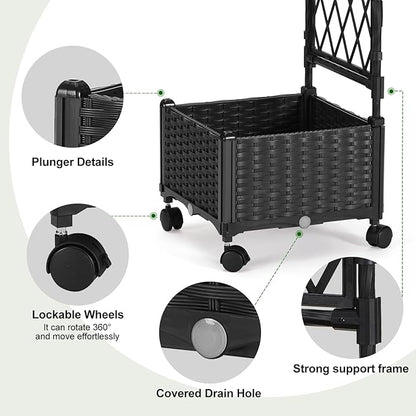 Planter Box with Trellis, 4ft Tall Self-Watering Plastic Raised Garden Beds and Lattice Trellis with Lockable Wheels & Drain Plug for Outdoor Patio Backyard Balcony, Black, 1 Pc