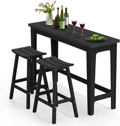 Ciokea 3 Pcs Outdoor Bar Height Table and Stools Set, 60" Extra Long Rectangle High Top Table and 2 Backless Bar Stools, Heavy-Duty All-Weather HDPE Patio Bar Set for Backyard Balcony Deck, Black