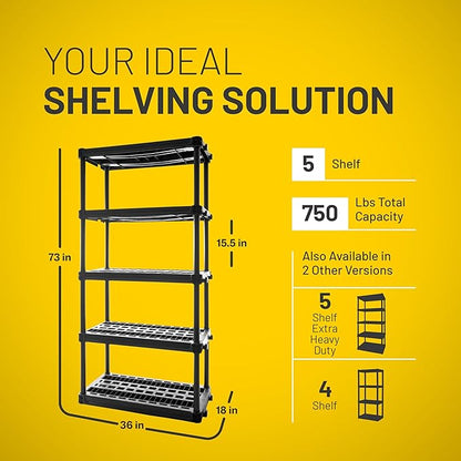Plano 5-Shelf Plastic Storage Shelves, 73” x 36” x 18”, 750lb Capacity, Pantry, Office, Closet and Garage Shelves, Easy to Assemble, Durable Plastic Shelving Unit