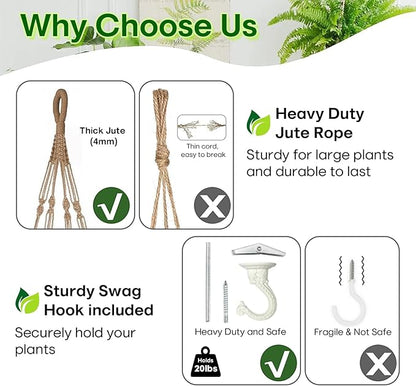 43 Inches Macrame Planter Hanger Large for 12 inch Pot + Swag Hook (Extra Long & Big) | Large Hanging Planter for Indoor Plants | No Tassel, Cotton Rope, NO Pot/Plant Included (Jute)(XL)
