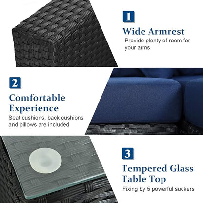 Tangkula 7-Piece Patio Furniture Set, Outdoor Sectional Wicker Sofa with Pillows and Cushions, Conversation Set with Coffee Table & Tea Table for Garden, Lawn (Navy Blue)