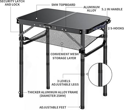 Outdoor Side Table, Portable 3 Adjustable Height Small Outdoor Folding Table, Aluminum Foldable Patio Side Tables for Outside Indoor, Plant Stand Coffee End Table for Pool, Porch,Garden(Black)