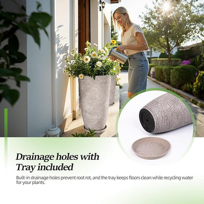 QCQHDU Set of 2 Oversized 9 Gallon Round Planters for Front Door & Patio - 12x21 Inch Tall Outdoor/Indoor Plant Pots with Drainage Tray, Gray Faux Stone Textured Tree Planters for Porch Decor