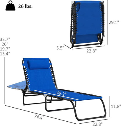 Outsunny Folding Chaise Lounge Chair Set of 2, Patio Sun Tanning Chair, Outdoor Chaise Lounger with 4-Position Reclining Back, Breathable Mesh Seat for Beach, Poolside, Yard, Blue