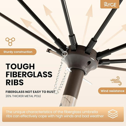 Ayge 9FT Large Outdoor Patio Umbrella Market Table Umbrella-UV Resistant, Easy Push Button Tilt and Crank, 8 Sturdy Fiberglass Ribs Heavy-Duty Pool Umbrella for Deck, Backyard,Garden,Black