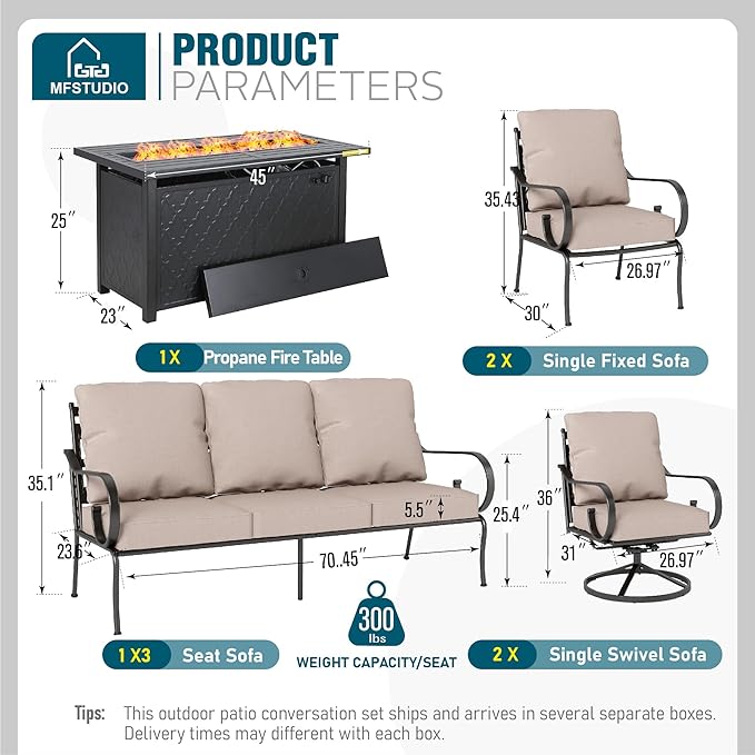 MFSTUDIO 7 Seats Metal Patio Furniture Sets, 6 Pieces Outdoor Sectional Sofa Conversation Set with 2 x Swivel Chairs, 2 x Fixed Chairs, 1 x 3-seat Sofa and 1 x 45 inches Rectangular Fire Pit Table