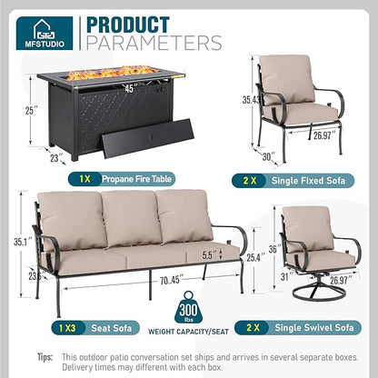 MFSTUDIO 7 Seats Metal Patio Furniture Sets, 6 Pieces Outdoor Sectional Sofa Conversation Set with 2 x Swivel Chairs, 2 x Fixed Chairs, 1 x 3-seat Sofa and 1 x 45 inches Rectangular Fire Pit Table