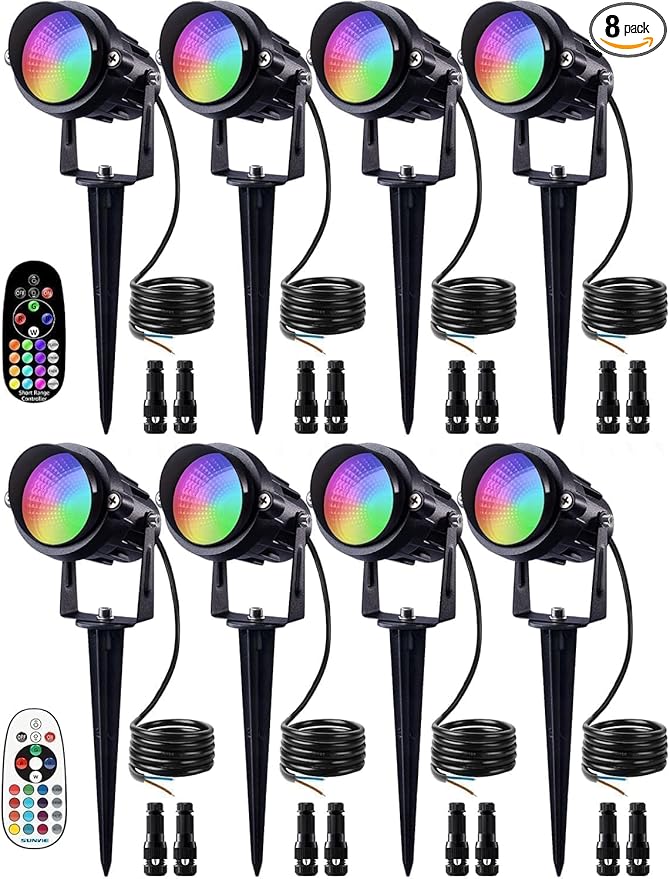 SUNVIE Christmas 12W RGB Color Changing Landscape Lights Low Voltage LED Landscape Lighting Remote Control Spotlight Waterproof Garden Pathway Christmas Decoration Outdoor, 8 Pack with Connector
