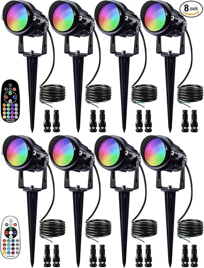 SUNVIE Christmas 12W RGB Color Changing Landscape Lights Low Voltage LED Landscape Lighting Remote Control Spotlight Waterproof Garden Pathway Christmas Decoration Outdoor, 8 Pack with Connector