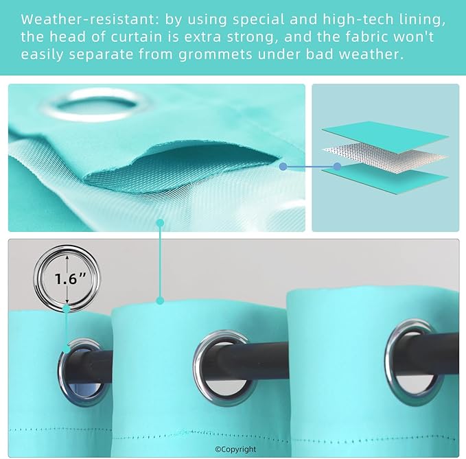 Waterproof Outdoor Curtain W105 x L108 - Grommet Top Sunlight Blocking Window Treatment Drapes Blackout Curtains for Home Bedroom Living Room Outdoor Patio Porch Pergola, Teal Blue, 2 Panels