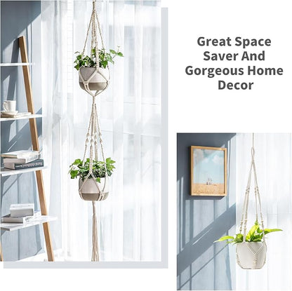 Mkono Macrame Plant Hangers Set of 4 Indoor Hanging Planter Basket Wall Decorative Flower Pot Holder with 4 Hooks for Indoor Outdoor Home Decor Gift Box, Ivory