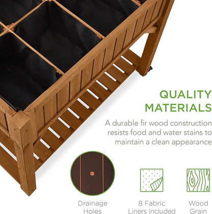 Best Choice Products Elevated 8 Pocket Herb Garden Bed, Mobile Raised Customizable Wood Planter for Herbs, Vegetables, Flowers w/Lockable Wheels, Storage Shelf, Drainage Holes - Acorn Brown