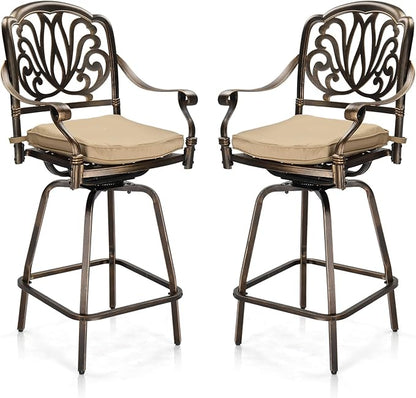 VINGLI Outdoor Swivel Bar Stools Set of 2, Cast Aluminum Patio Bar Height Chairs, All-Weather Bar Dining Chairs Outdoor Swivel Patio Furniture (Elizabethan Back)