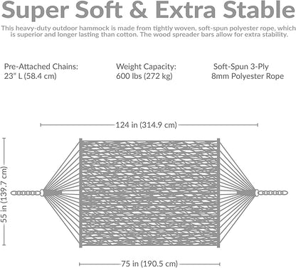 Sunnydaze Soft-Spun Polyester Rope Double Hammock for Outside - 600-Pound Weight Capacity Extra Large Hammock - Tan