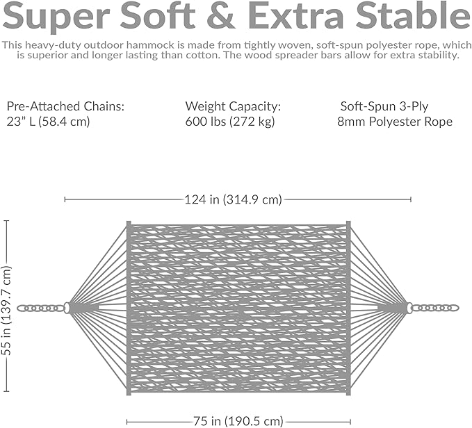 Sunnydaze Soft-Spun Polyester Rope Double Hammock for Outside - 600-Pound Weight Capacity Extra Large Hammock - Mocha