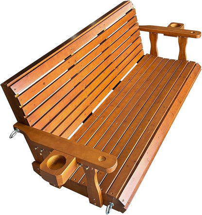 Wooden Porch Swing 3-Seater, Bench Swing with Cupholders, Hanging Chains and 7mm Springs, Heavy Duty 800 LBS, for Outdoor Patio Garden (Warm Teak Color, 5 FT Extra Large)