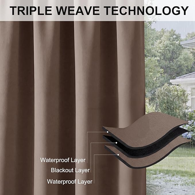 RYB HOME Outdoor Curtains for Patio Waterproof Block Sunlight Thermal Insulated Privacy Assured Thick Outside Curtains for Porch, Gazebo, Pergola, W84 x L84, Mocha, 1 Panel
