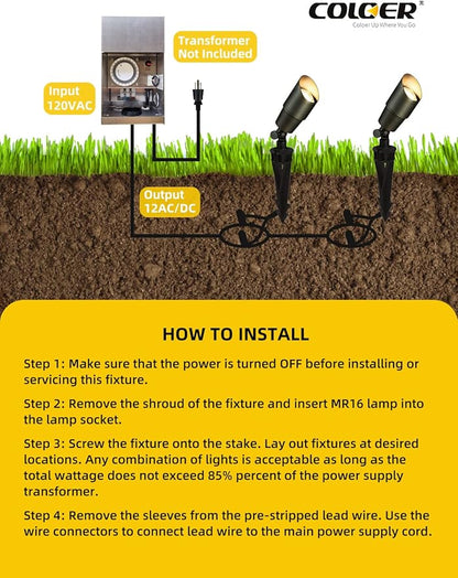 COLOER Brass Landscape Spotlights, 12 Pack Spot Lights Outdoor with 5W Aluminum Housing MR16 LED Bulb 2700K 450LM, 12V AC/DC Low Voltage Outdoor Lighting for Yard, Uplight for Garden and Patio(101B)