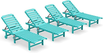 SERWALL Outdoor Chaise Lounge Set of 4, 78" Patio Lounge Chair with 5 Positions Adjustable Backrest, HDPE Lounger with Rolling Wheels & Cup Holder for Poolside, Beach, Garden, Aruba