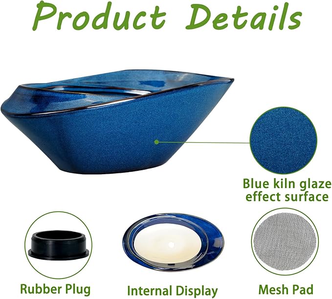 Blue Ceramic Bonsai Planter, 18 Inch Indoor Pot with Drainage Hole