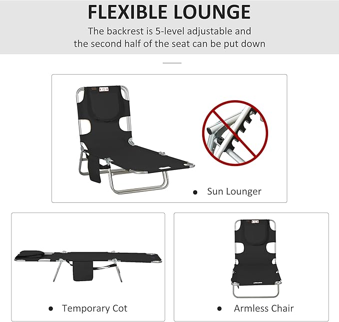 Outsunny Chaise Lounge Chair Outdoor with Face Arm Hole, 5-Position Reclining Face Down Tanning Chair with Carry Strap, Side Pocket, Portable Folding Bed Cot for Patio Beach Pool, Black