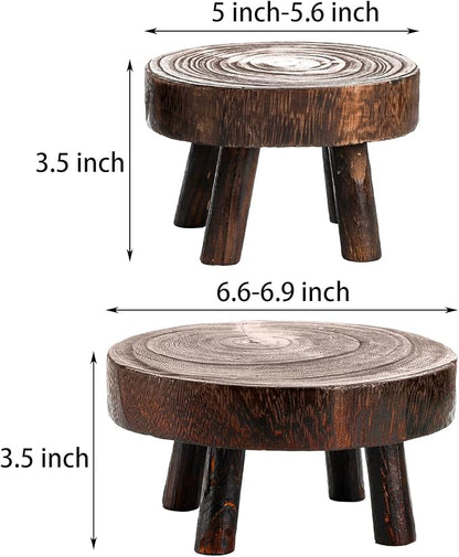 TOPZEA Set of 2 Mini Wooden Stool Display Stand, Wood Riser for Bonsai, Flower Pot, Small Potted Plant Stands Round Rustic Planter Stools Pedestal Risers for Garden, Patio, Home
