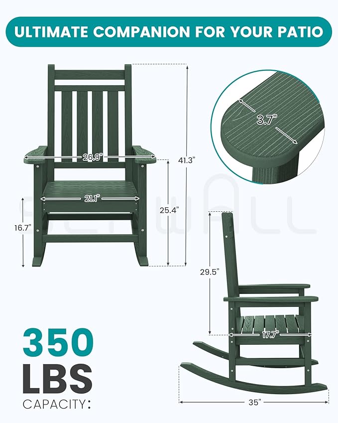 Green HDPE Patio Rocking Chair, Oversized, 350 lb Weight Capacity