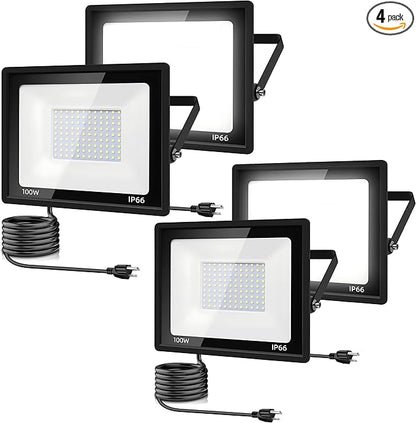 4Pack LED Flood Light Outdoor,100W LED Work Light 11000lm with 6FT US Plug,IP66 Waterproof Exterior Security Lights,6000K Daylight White Outside Floodlights Slim Design for Playground Yard