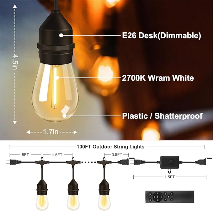 String Lights 100FT Outdoor LED with 64+4 Warm Yellow Bulbs