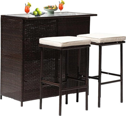 PayLessHere Rattan Bar Set 3Pcs Patio Wicker Bistro Set Sturdy Frame Bar Height Table with Glass Table Top Storage Shelves 2 Bar Stools for Patio Poolside Porch Outdoor Indoor, Khaki (Khaki)