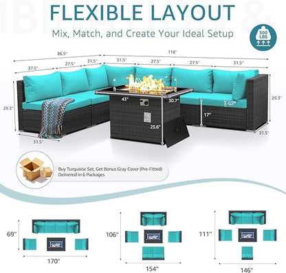 NICESOUL 7 Piece Large Modern Patio Furniture Set with Propane/Gas Firepit Table, 29.3'' High Back Comfy Wicker Sectional Sofa Couches with Fire Pit, Outdoor Deep Conversation, Fade-Proof, Turquoise