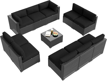 Aoxun Patio Furniture Set, 11 Piece Outdoor Sectional Sofas with Waterproof Cover, 10 Seats Wicker Rattan Outdoor Furniture Patio Conversation Set for Backyard, Garden Black