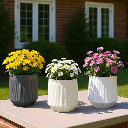 Plant Pots，Set of 3 Plastic Pots for Indoor Plants,Flower Pots Outdoor Planters with Drainage Hole and Seamless Saucer, White,Milky-Yellow,Gray