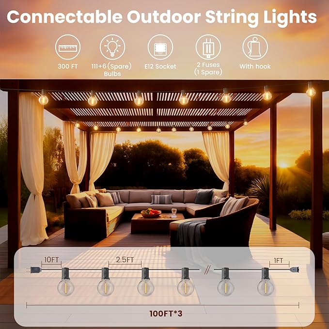 RTTY Classic 300FT Modular Professional Outdoor String Lights System with 111 G40 Bulbs (3x100FT) - Configure for Estate Borders, Multi-Area Event Sites, Commercial Corridors & Permanent Installations