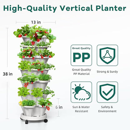 7 Tiered Strawberry Vertical Planter Tower Garden 3 Pack, Stackable Planter Herb Garden Planter with Movable Casters and Bottom Saucer Indoor and Outdoor - White