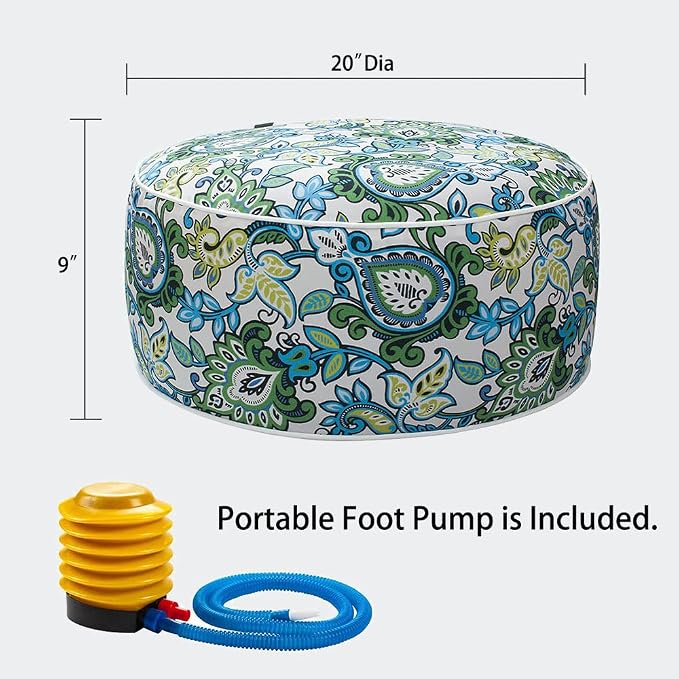 Inflatable Round Ottoman Pouf, 20 Inch, Water-Repellent Polyester