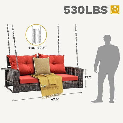 DWVO Hanging Porch Swing Chair Outdoor Wicker Rattan Patio Swing Lounge 2 Seats Cushions Capacity 530lbs for Balcony, Garden, Living Room, Brown Rattan Red Cushion