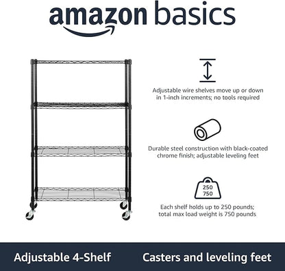 Amazon Basics 4-Shelf Heavy Duty Garage Shelving Storage Unit on 3" Wheel Casters, Adjustable Metal Wire Rack with Leveling Feet, 36" x 14" x 57.75", Black