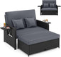 HAPPYGRILL Patio Rattan Wicker Daybed with Loveseat & Storage Ottoman, Outdoor Lounge Sofa Furniture Set with Adjustable Backrest & Side Trays, for Poolside Deck Porch Lawn (Black & Gray)