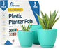Aqua Plant Pots with Drainage Holes & Saucers 3 Pack, Indoor & Outdoor Stackable Space-Saving Planters for Houseplants & Flowers, (7", 6.7", and 6" Inches), Durable & Weatherproof Materials