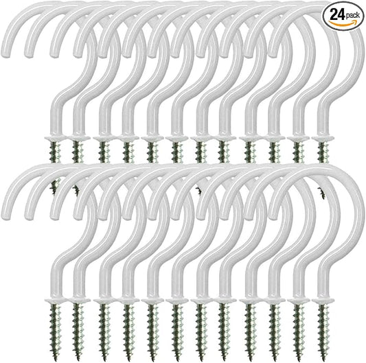 24 Pack Ceiling Hooks for Hanging Plants - 2.2 inches Heavy Duty, Hanging Hooks for Christmas Lights, Cups, Decors - White Vinyl Coated Screw in Plant Hanger Hook Indoor and Outdoor
