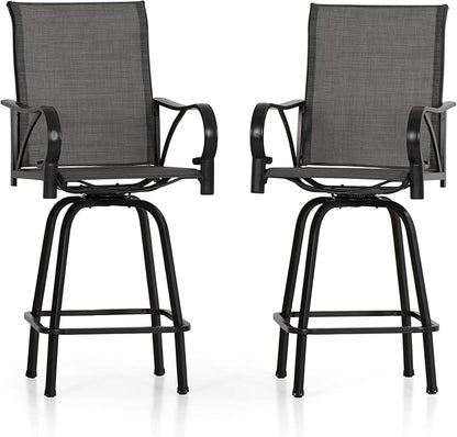 PHI VILLA Outdoor Bar Stools Swivel Set of 2, Outdoor Bar Height Tall Patio Chairs Grey with Armrest, High Top Patio Stools & Chairs with Sling Fabric for Outside Kitchen