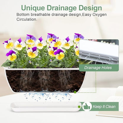 4-Piece White Rectangular Window Sill Planters with Drainage Holes and Trays (11 Inches) for Basil, Orchids, and Succulents Modern Herb Garden Planters Suitable for Indoor/Outdoor Plants