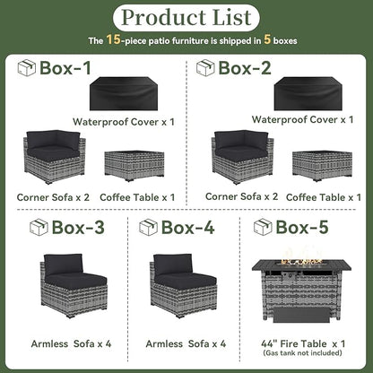 Aoxun 15 Piece Patio Furniture Set with Fire Pit Table Wicker Rattan Outdoor Sectional Sofa Set with Coffee Table and 4” Thickened Cushions, Grey/Black (Waterproof Cover Included)